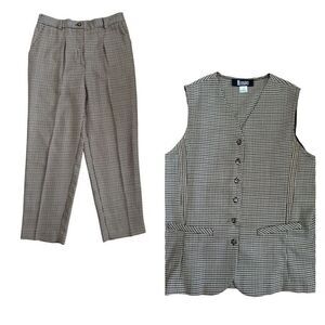 Modiano women’s vintage 90’s houndstooth 2 pc vest pants set tan cream chic M-L